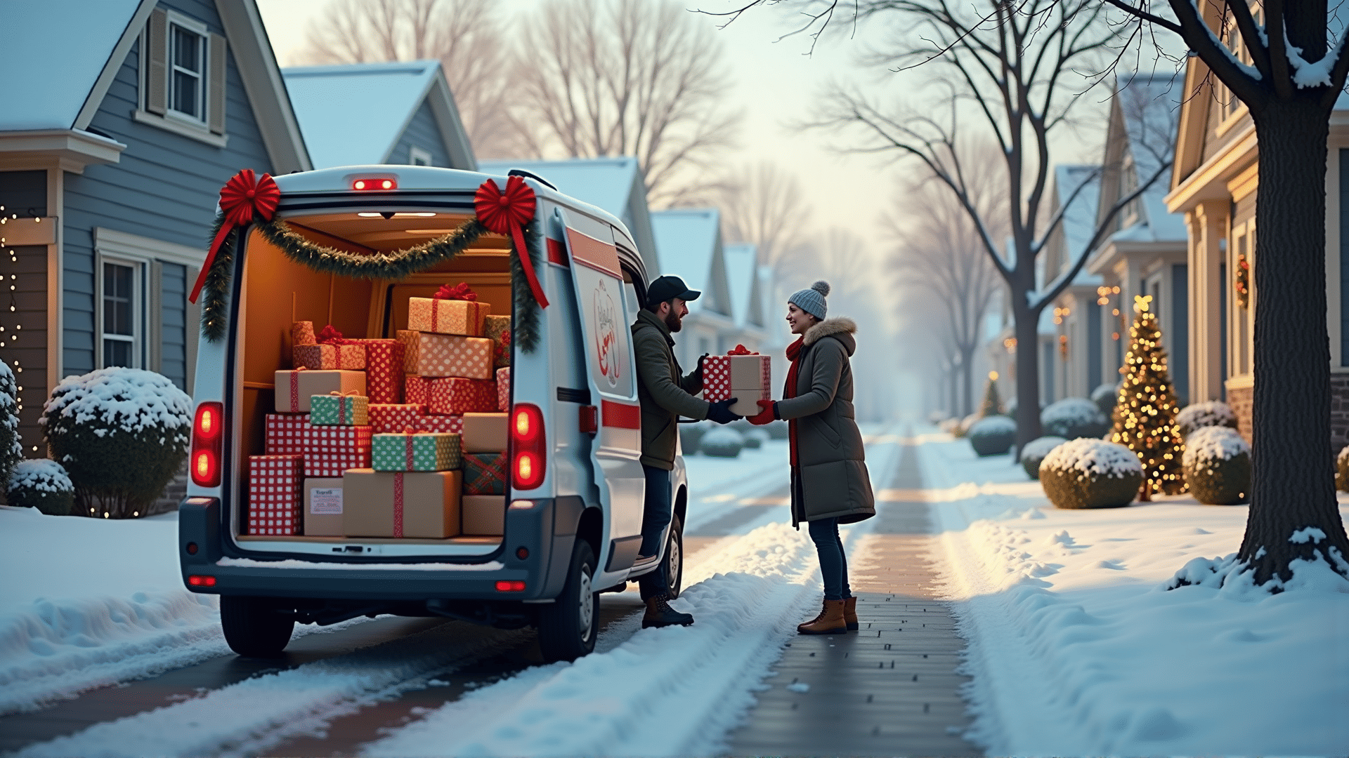 Holiday delivery van with decorations