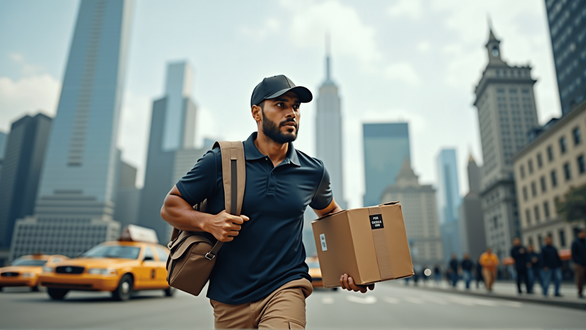 Courier in city skyline